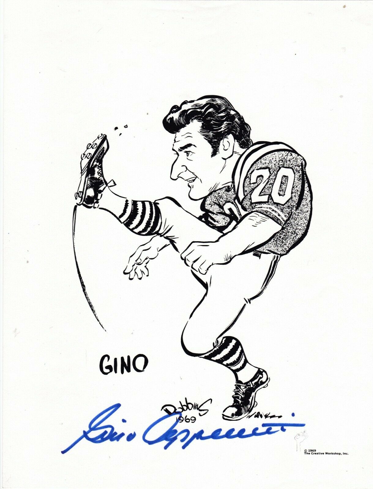 GINO CAPPELLETTI NEW ENGLAND PATRIOTS SIGNED 8x11 CHARACTURE