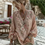 Women's Vintage Pink Floral Embroidered Art V-neck Long Sleeve Blouse - Image 2