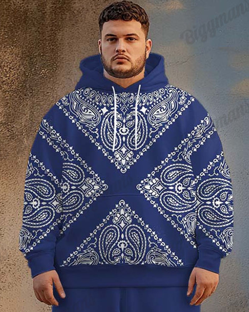 Men's Street Fashion Versatile Blue Paisley Geometric Print Plus Size Hoodie Set