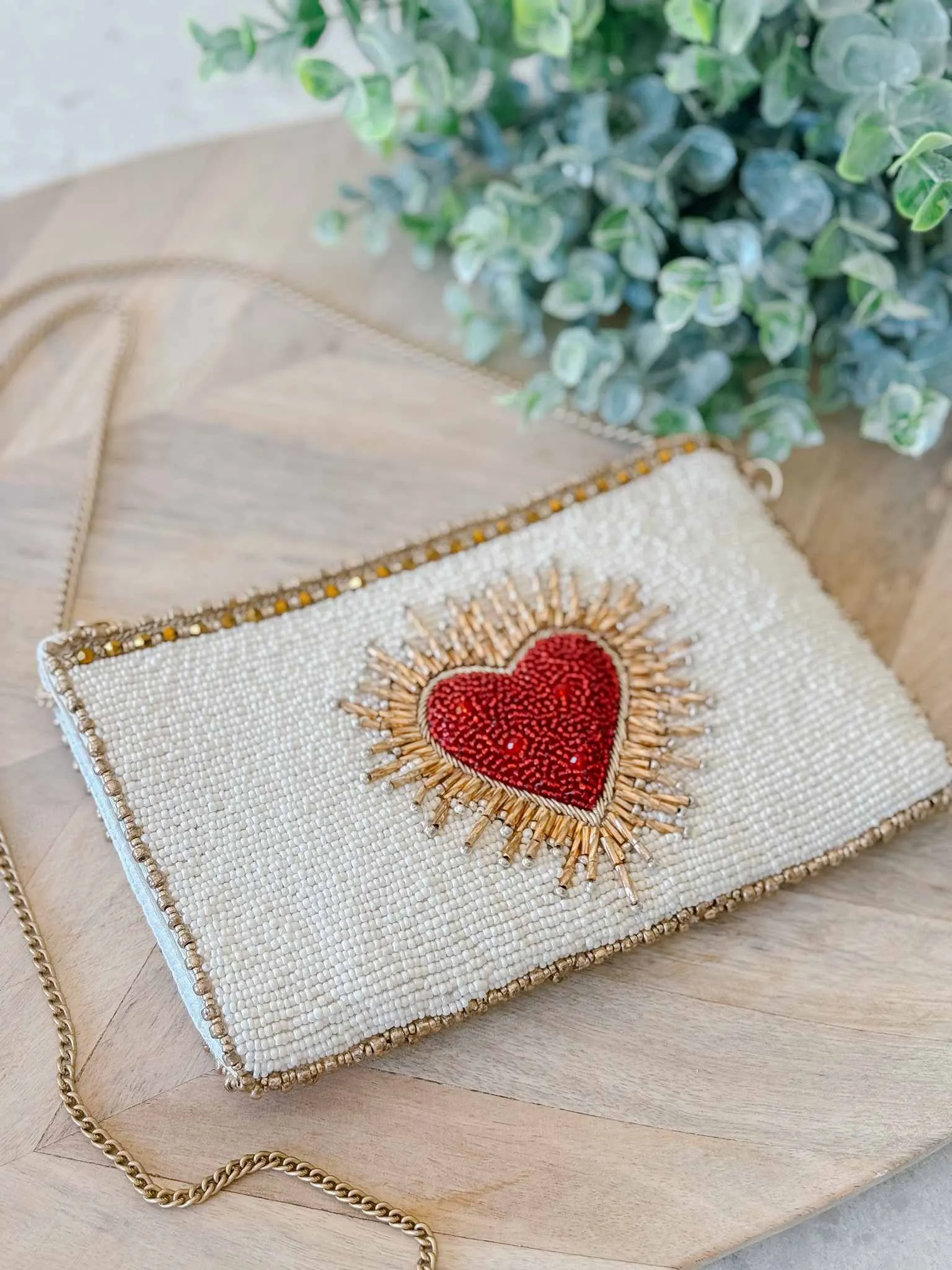Beaded Sacred Heart Crossbody Phone Bag - Ivory