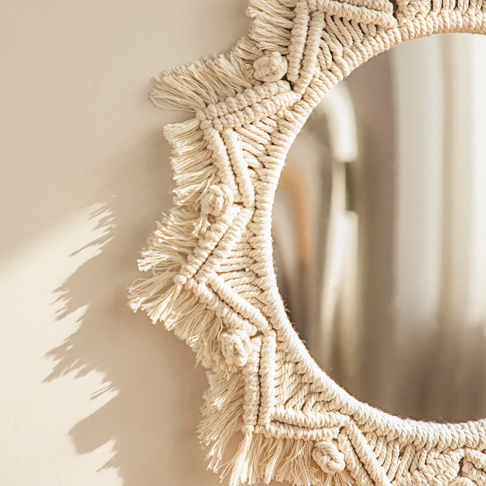 Boho Macrame Round Mirror Decorative Mirrors Aesthetic Room Decor Hanging Wall Mirror for Bedroom Living Room House Decoration