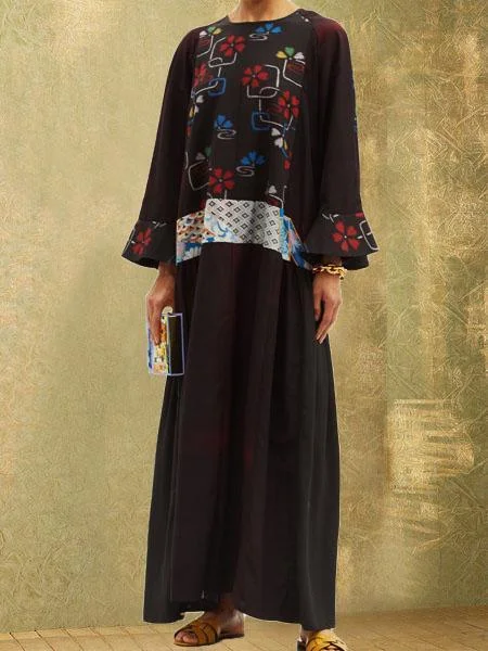 Black Loose Printed Women Long Sleeve Dress