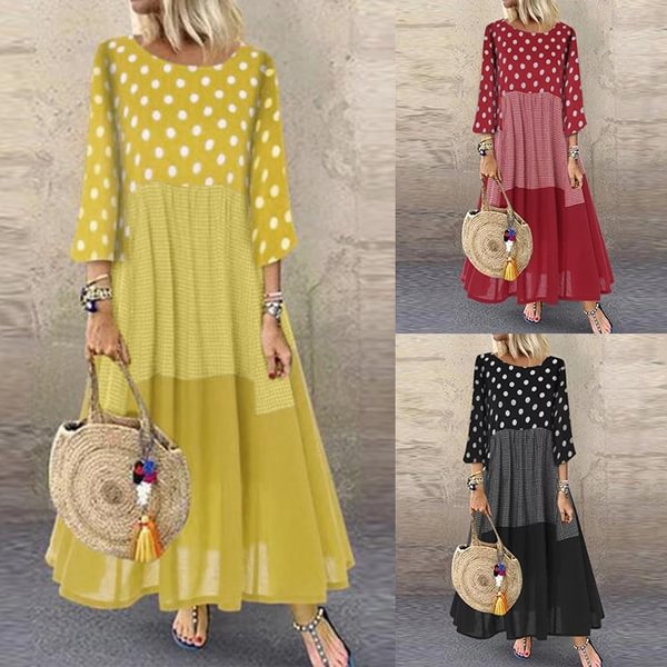 Vintage ZANZEA Womens O-Neck Polka Dots Patch Tunic Casual Baggy Kaftan Long Maxi Dress - Life is Beautiful for You - SheChoic