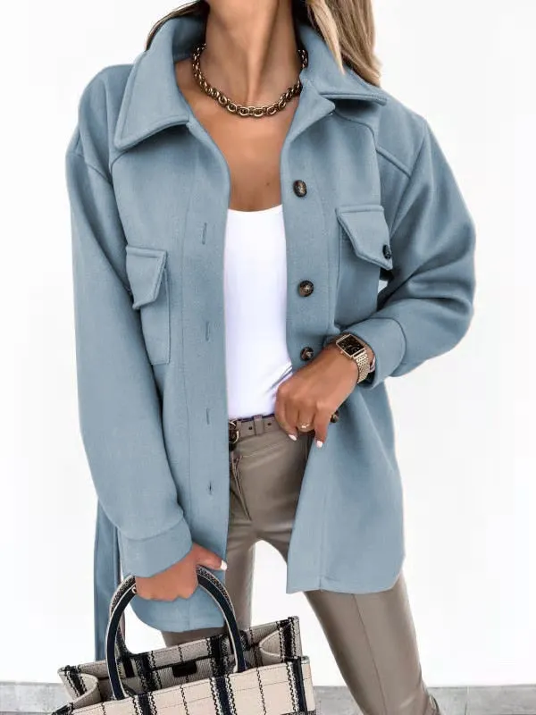 2021 fall/winter lapel single-breasted thick solid color shirt woolen loose coat women