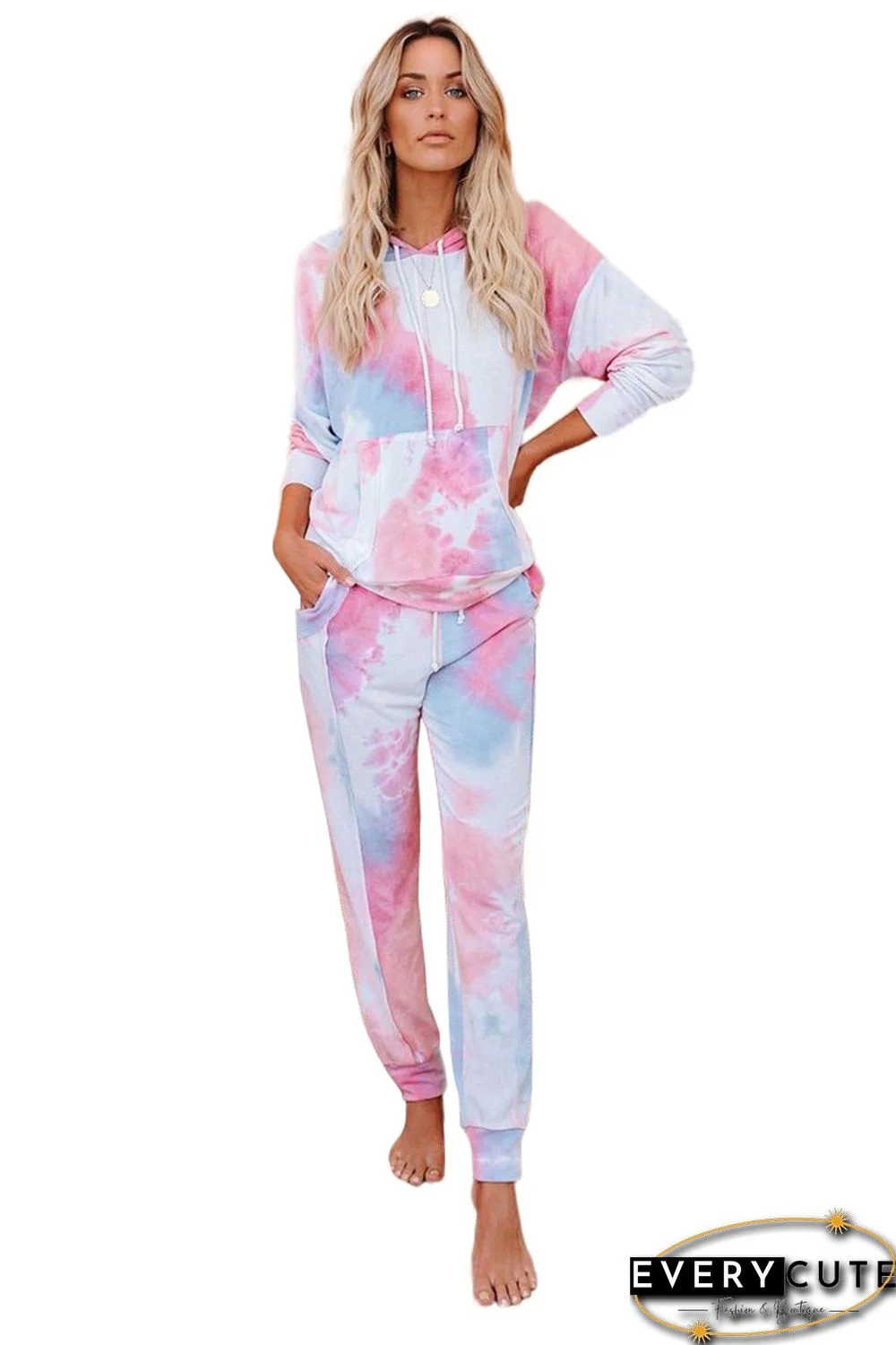 Pink Shut-eye Pocketed Tie-dye Knit Hooded Joggers Set