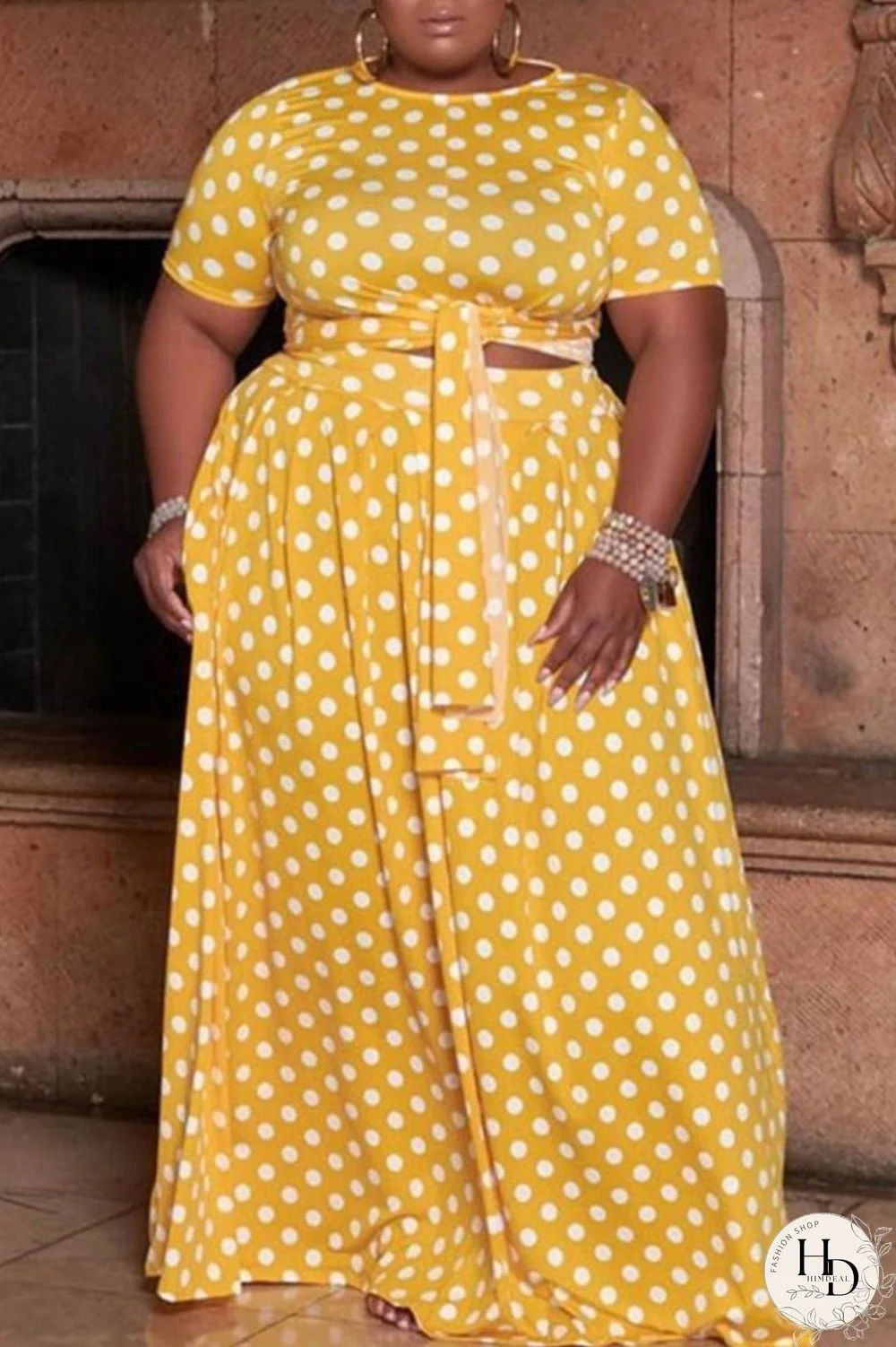 White Sweet Print Polka Dot Bandage Patchwork O Neck Straight Plus Size Two Pieces