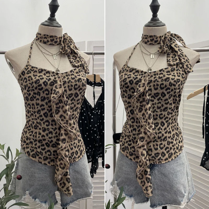 Nigikala Nigikala Shooting Lotus Side Hanging Neck Leopard Sling Female Summer Hot Waist With Small Vest Short Top 9139