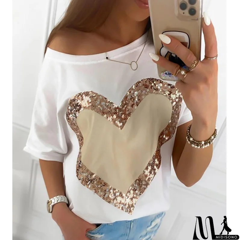 MidiSono - Casual Round Neck Sequined Short Sleeve T-Shirt