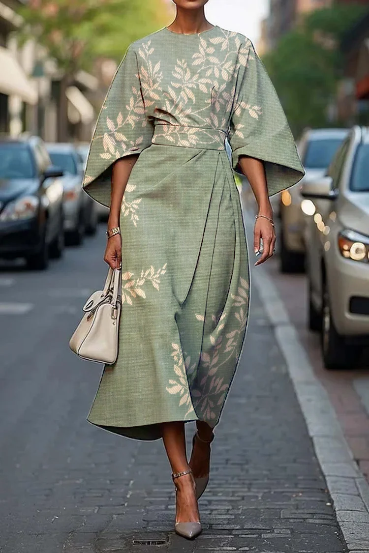 Women's Vintage Elegant Japanese Art Print Midi Dress