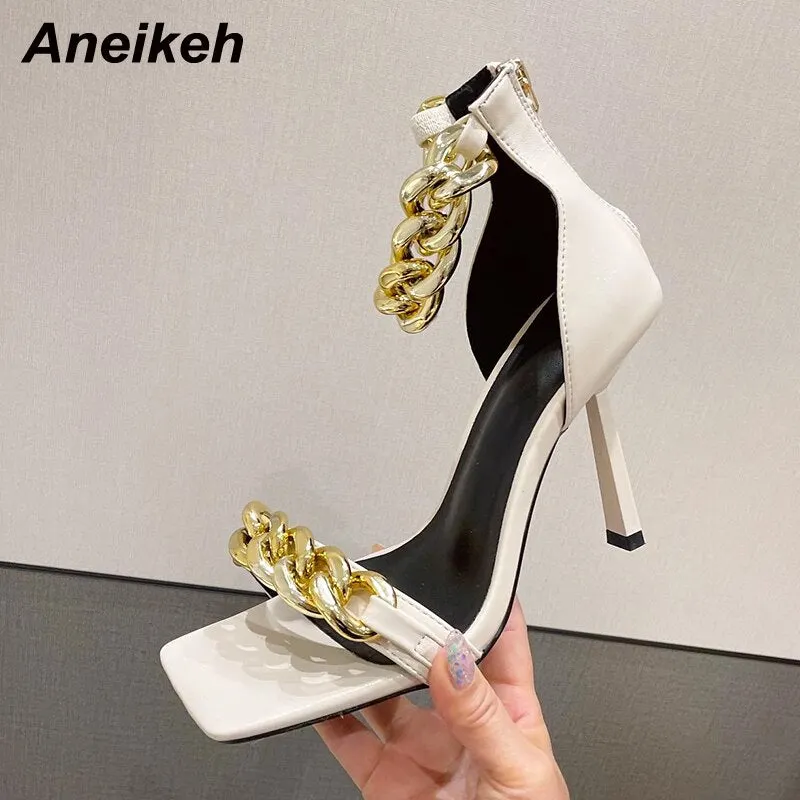Aneikeh Summer Women Shoes 2021 Patent Leather Party Metal Decoration PU Ankle-Wrap Fashion Sandalias Leopard Shallow ZIP Solid