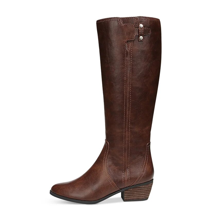 TAAFO Whiskey Knee Long Riding Boots Women Med Chunky Heels Round Toe Zipper  For Ladies Shoes