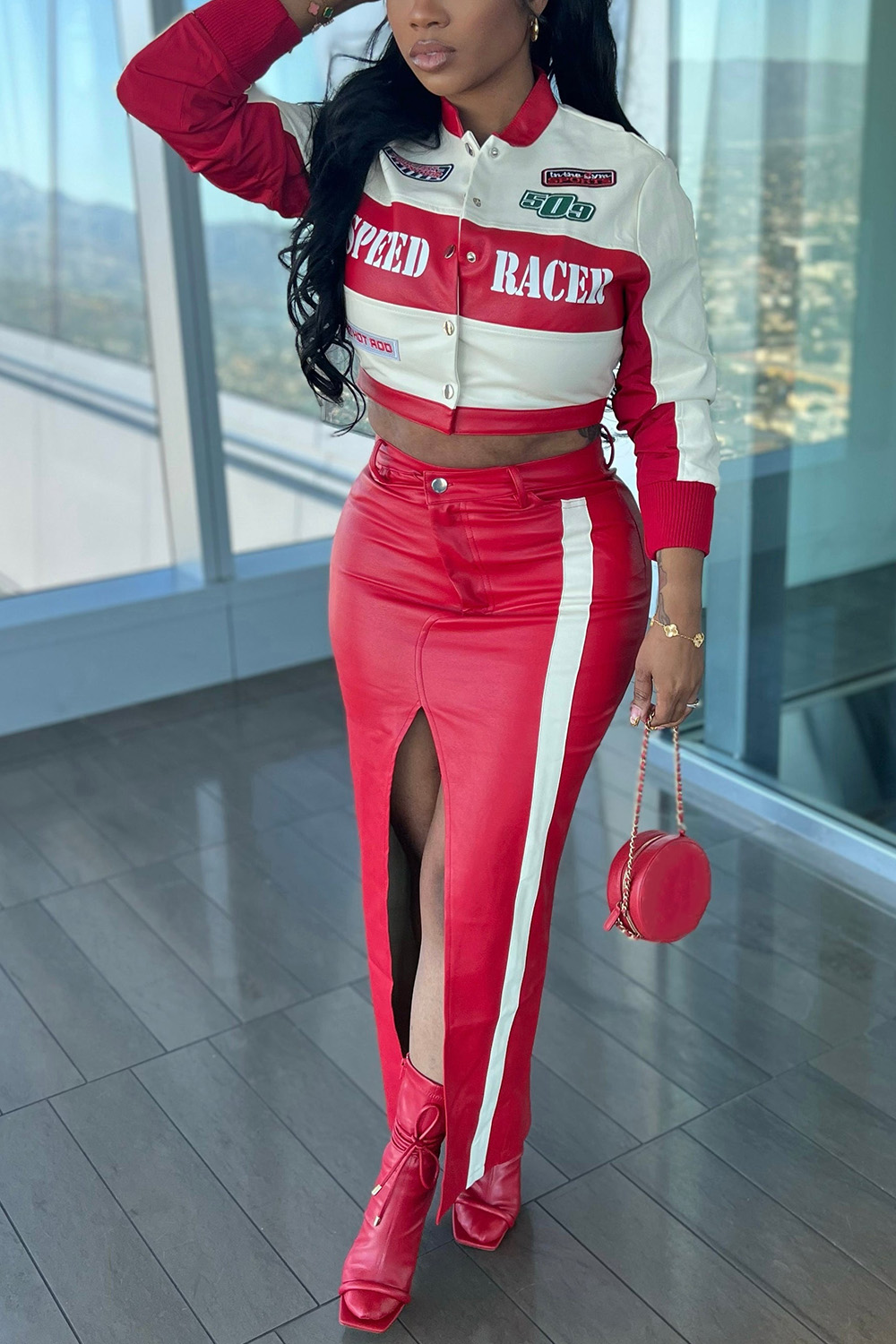 Plus Size Party Skirt Sets Casual Red Fall Winter Long Sleeve Split PU Leather Print Two Piece Skirt Sets