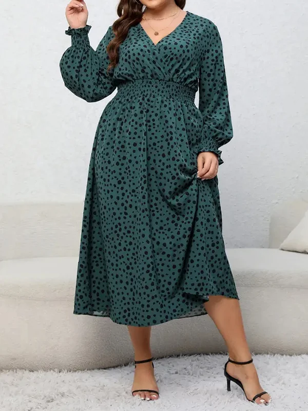 Elasticity Polka-Dot A-Line Long Sleeves Deep V-Neck Midi Dresses