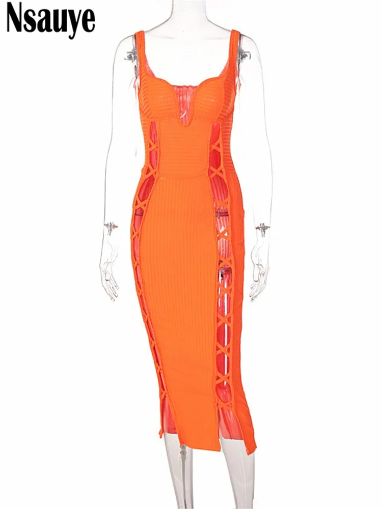 Nsauye 2022 Hollow Out Women Clothing Summer Off Shoulder Strap Bodycon Midi Dress Sexy V Neck Sleeveless Fashion Party Dress