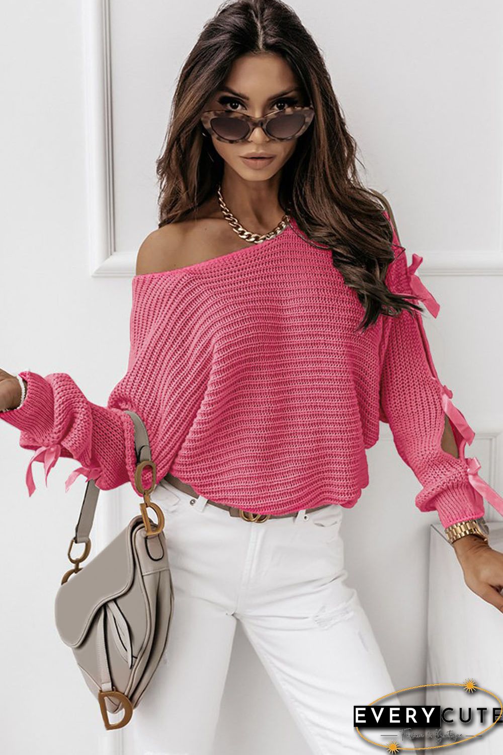 Rose Butterfly Applique Cutout Sleeves Pullover Sweater