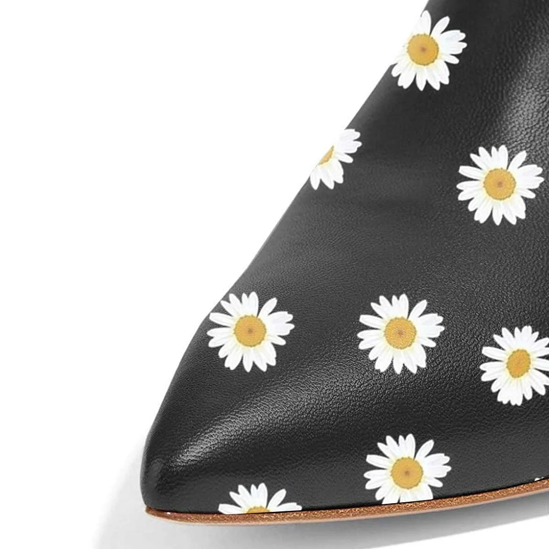 Faux Leather Pointed Toe Daisy Print Zipper Heeled Booties in Black