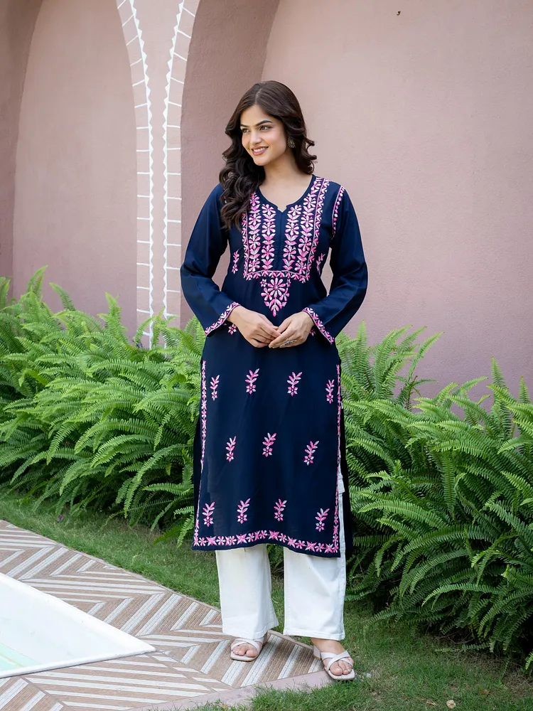 Women Navy Blue Pink Embroidered Straight Kurta | Round Neck with Slit | Ethnic Wear