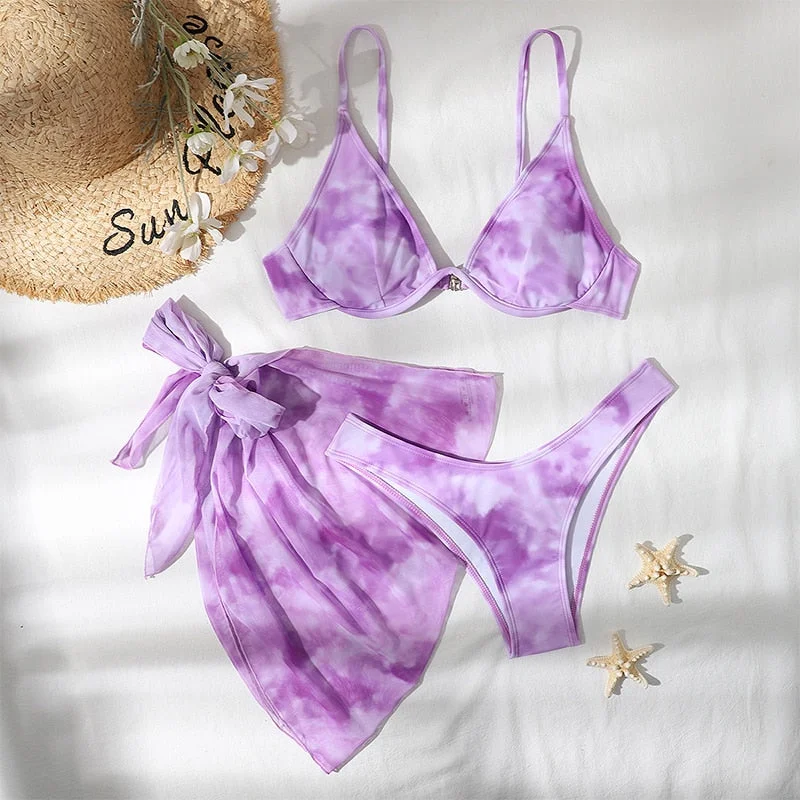 Peachtan Tie dye bikini 2021 Skirts 3 pieces set Push up swimsuit women Underwired swimwear female Sexy bathing suit beach wear