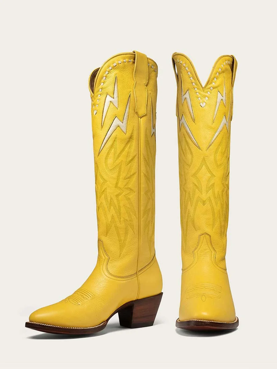 Yellow Embroidered White Lightning Inlay Knee-High Cowgirl Boots