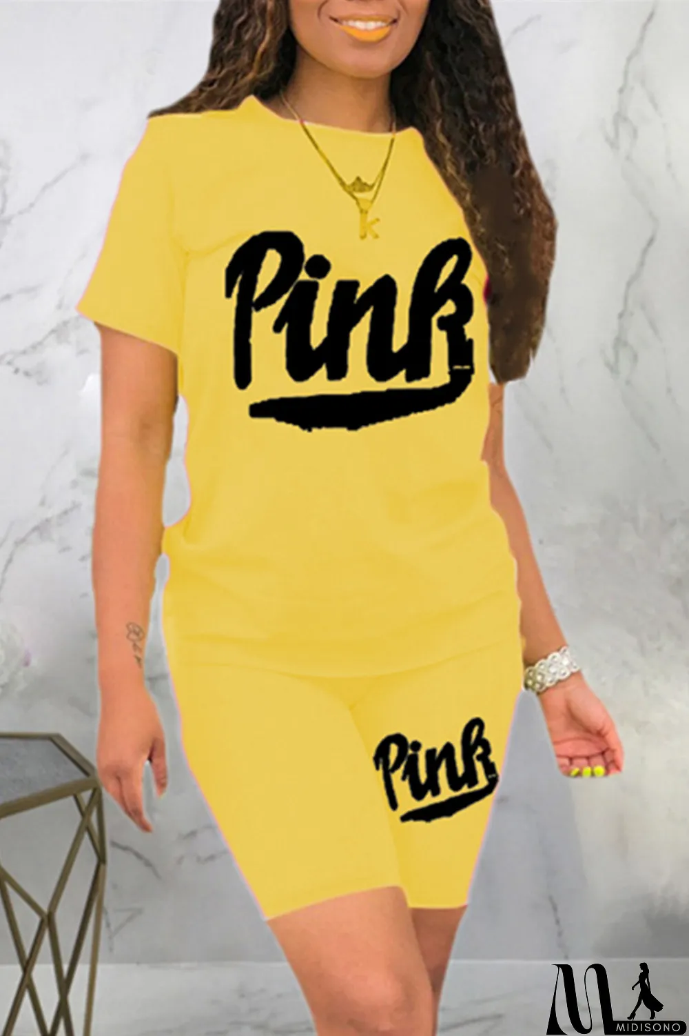 MidiSono - Black Fashion Casual Letter Print Basic O Neck Short Sleeve Two Pieces