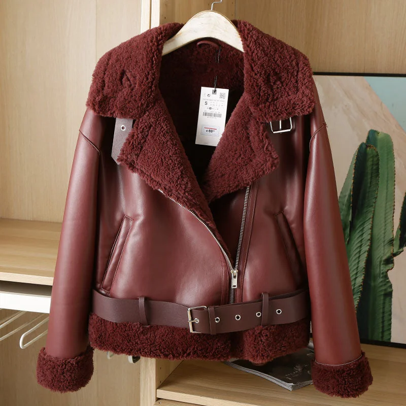 New Autumn Winter Women Thick Black Faux Leather Jacket Casual With Belt Zipper Warm Lambswool Biker Coat Female Loose Outwear
