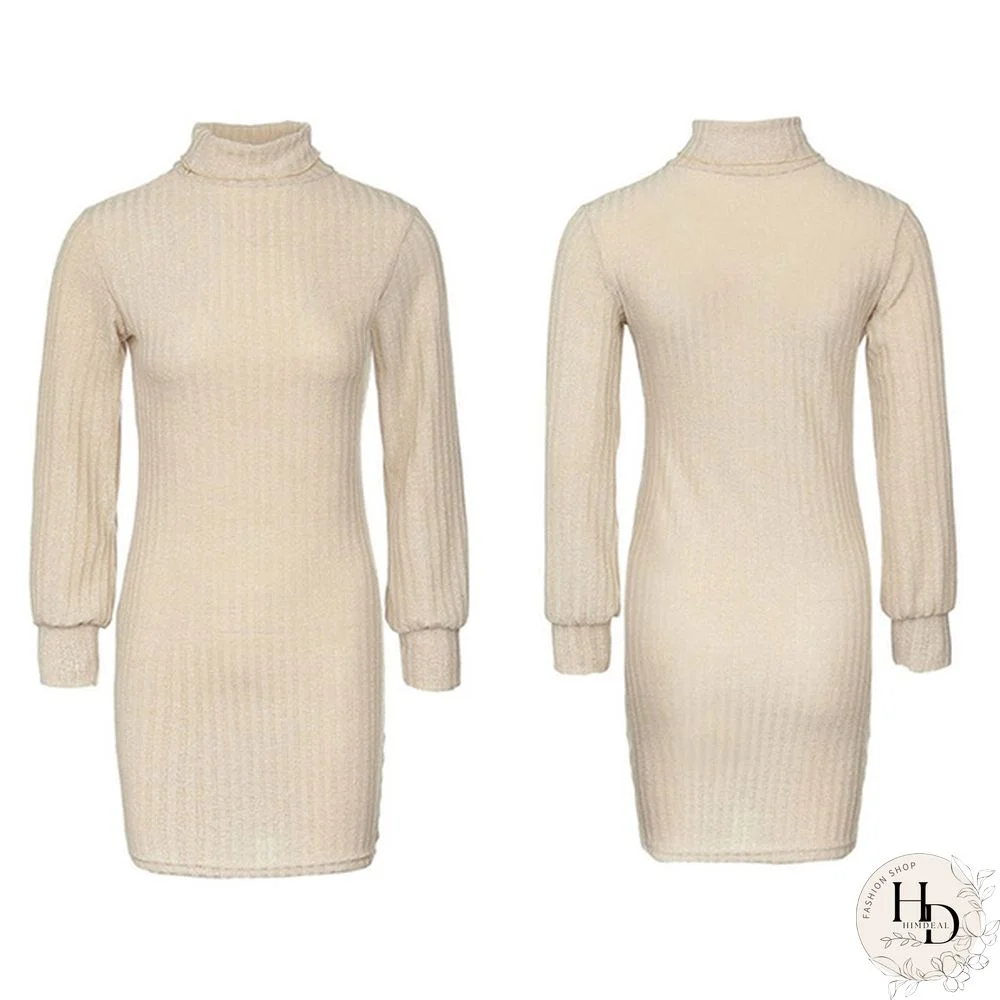 Women Autumn and Winter Long Sleeve Knitted Sweater Dress Ladies Fashion Keep Warm Knitting High Collar Slim Fit Bottoming Mini Knitting Dress