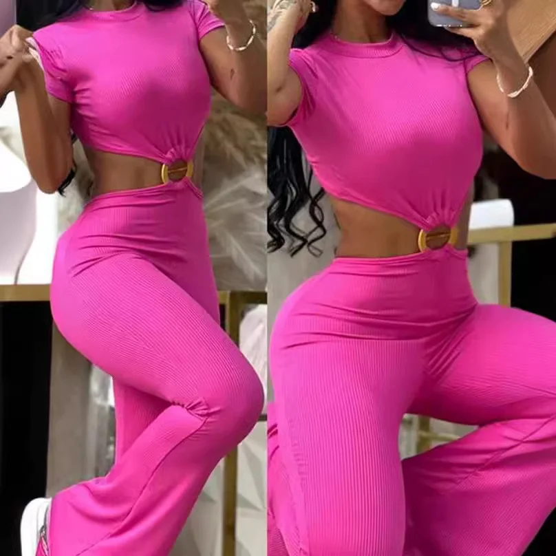 Wongn Wongn 2023 Women's Sexy Round Collar Open Back Slim And Hip Solid Color Jumpsuit Sportswear