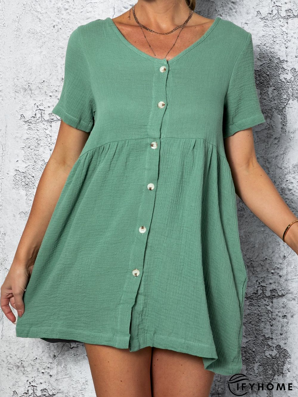 Casual V Neck Short Sleeve Solid Weaving Dress | IFYHOME