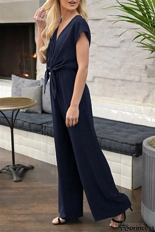 V Neck Knot Short Sleeve Jumpsuit