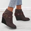 Women's Buckle Zipper Ankle Boots Closed Toe Wedge Heel Boots