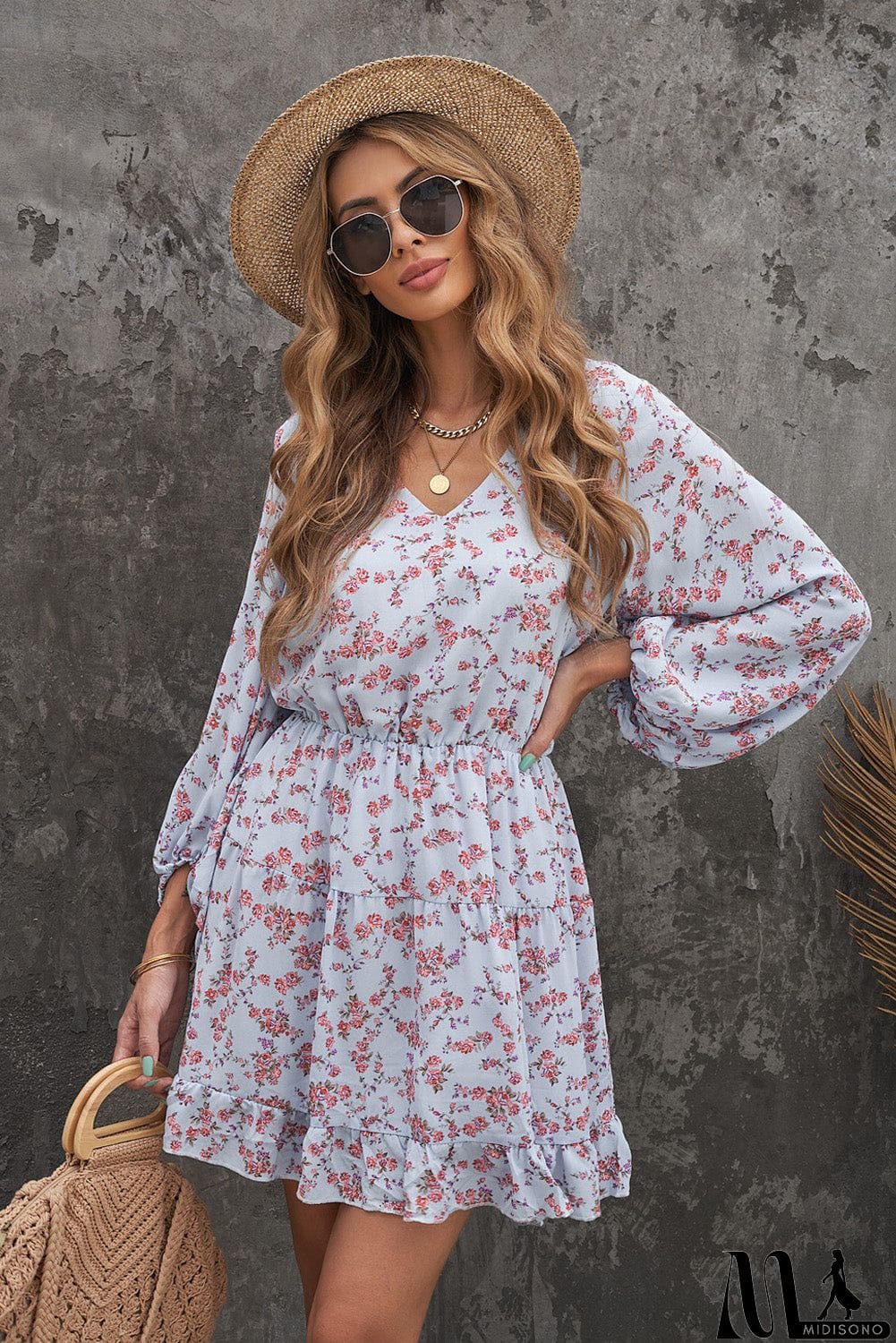 MidiSono - V Neck Lantern Sleeves Floral Tunic Dress