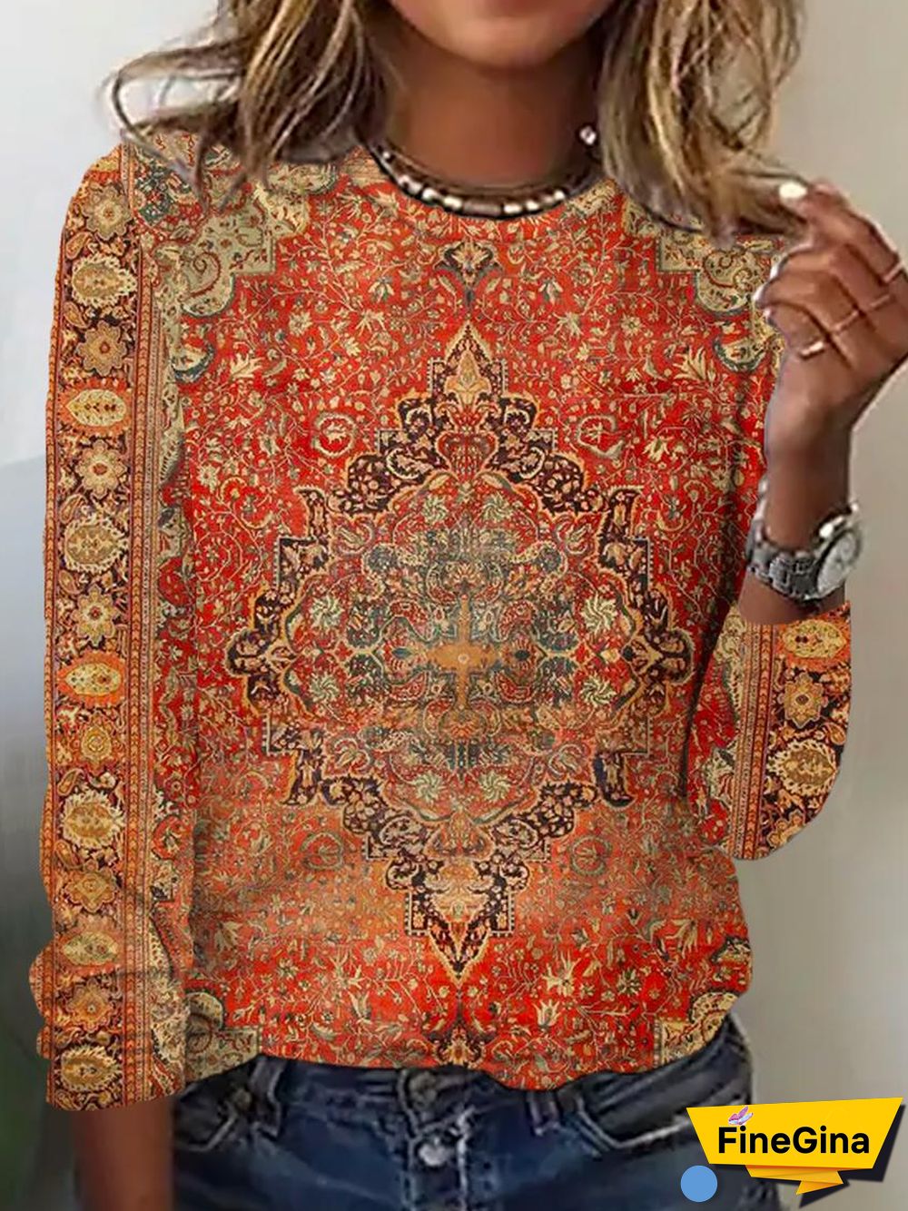 Yellow Orange Vintage Print Long Sleeve Top