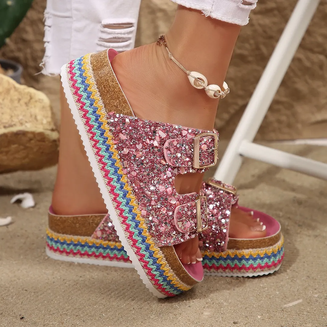 Breakj Breakj Fashion Thick-Bottomed Slippers Double Buckle Wearing Beach Corks Duke Bin Buckle Cold Slippers