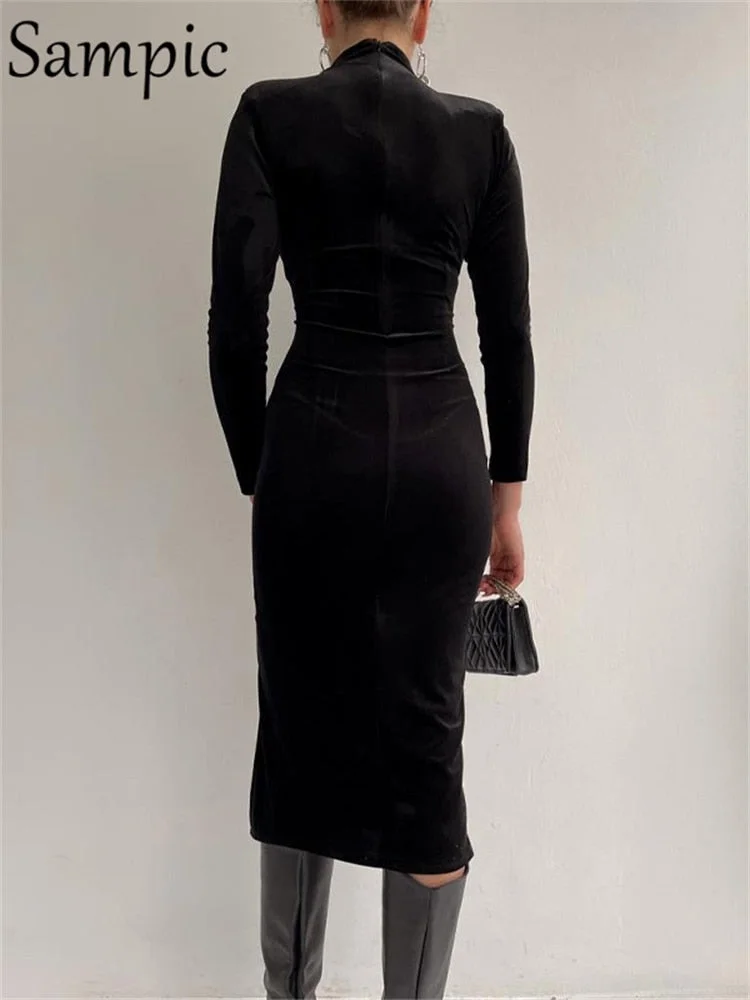 Sampic Turtleneck Velvet Winter Corset Dress For Women Sexy Club 2022 Black Party Bodycon Midi Fashion Long Sleeve Dresses