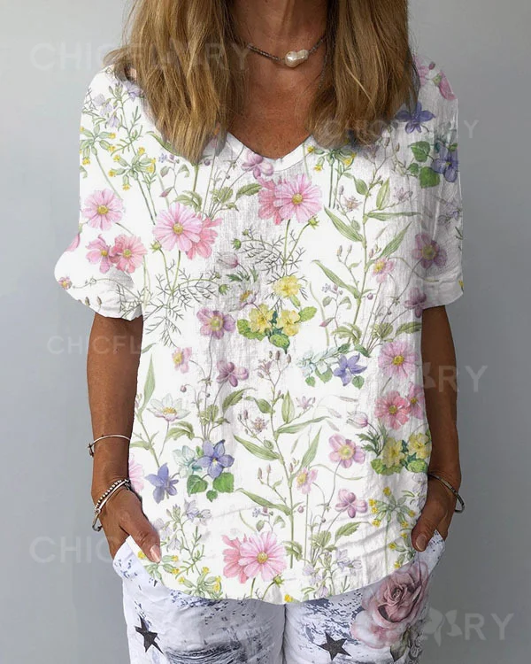 Floral Linen V Neck Loose Tops