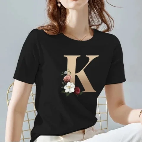 pornhint Pornhint Women T-Shirt Black Classic All-match Ladies Tops O-Neck Fashion Flowers Letter Pattern Series Short Sleeve Tee Women's Clothing