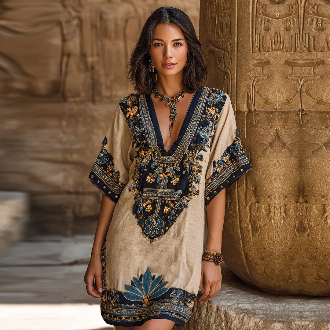 Women's Egyptian Ethnic Lotus Art Casual V Neck Linen Dress