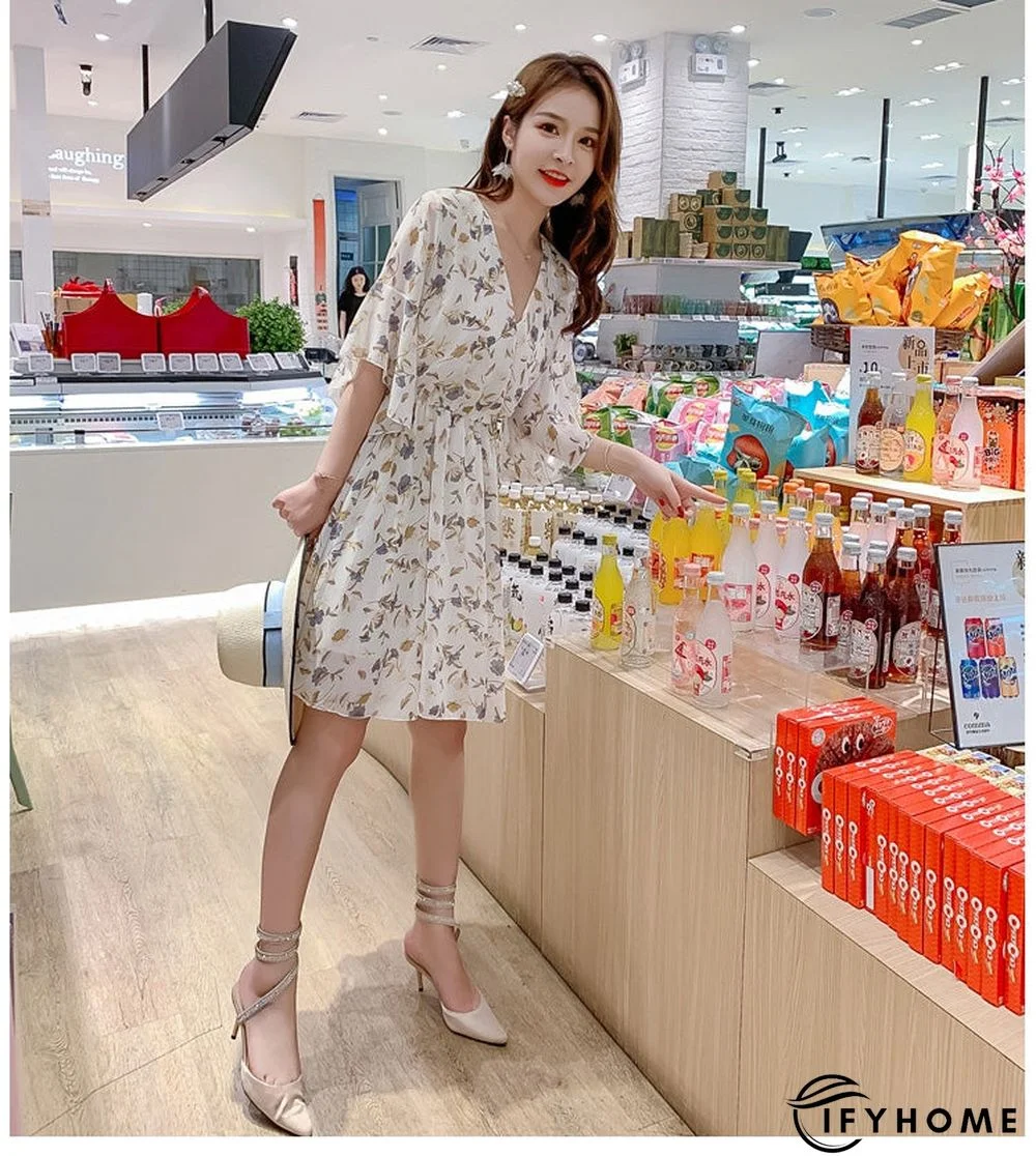 Spring Summer Chiffon Women V-Neck Floral Print Short Dresses Sweet Ruffle Sleeeve Slim Drawstring Ladies Dress | IFYHOME