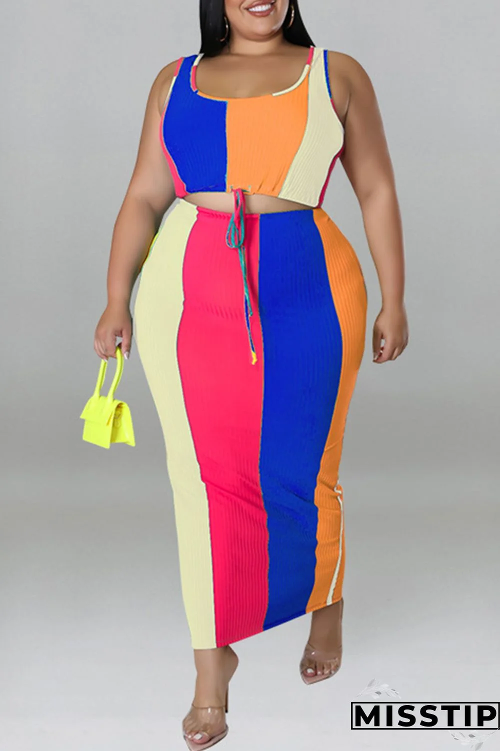 Blue Fashion Casual Striped Print Patchwork Contrast U Neck Plus Size Two Piece Set