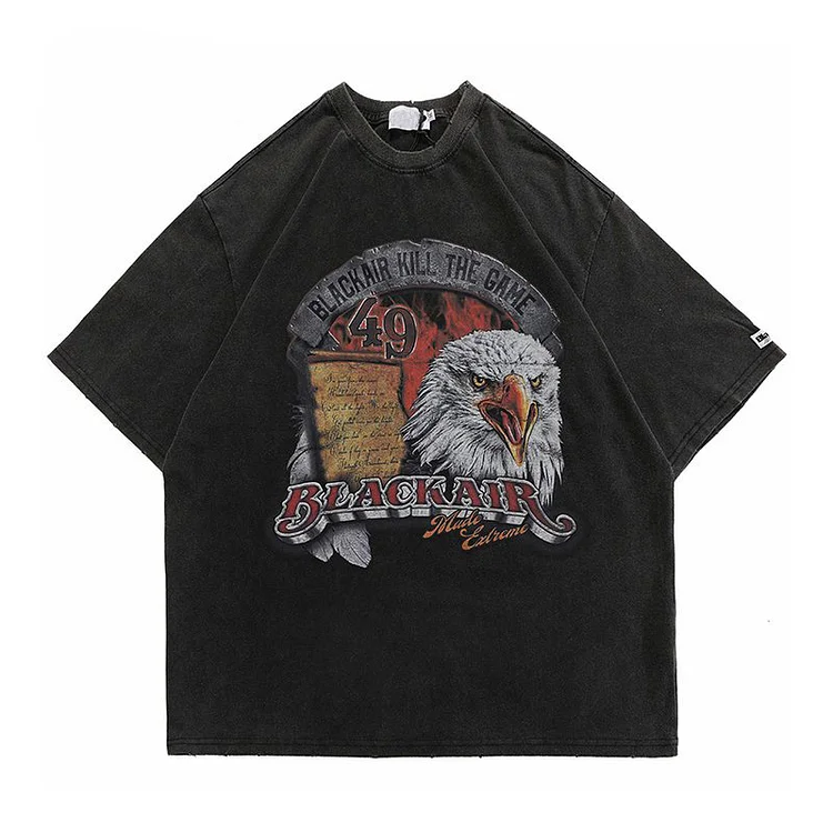 Washed Hip Hop Streetwear Eagle Letter Print T-Shirt at Hiphopee