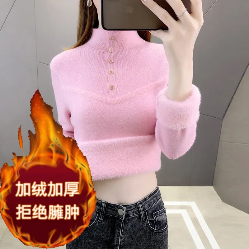 Churchf Velvet Soft Waxy Sweater Female Winter Add Velvet Warm Half Turtleneck Bottom Shirt Female Design Sense Simple Inside The Jacket
