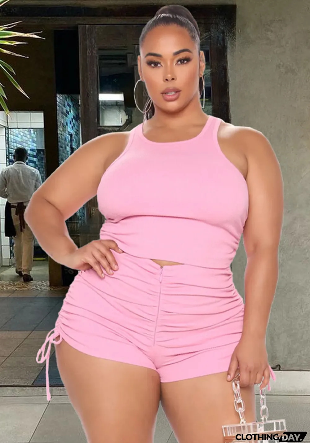 Plus Size Women's Tank Top Pleated Casual Shorts Two Piece Set