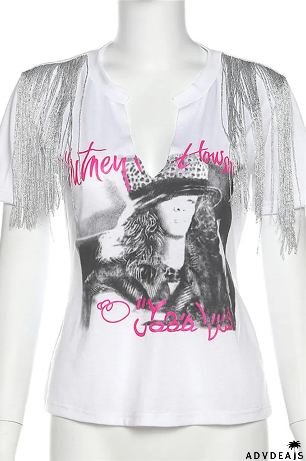 White Fashion Casual Print Tassel Patchwork V Neck T-Shirts