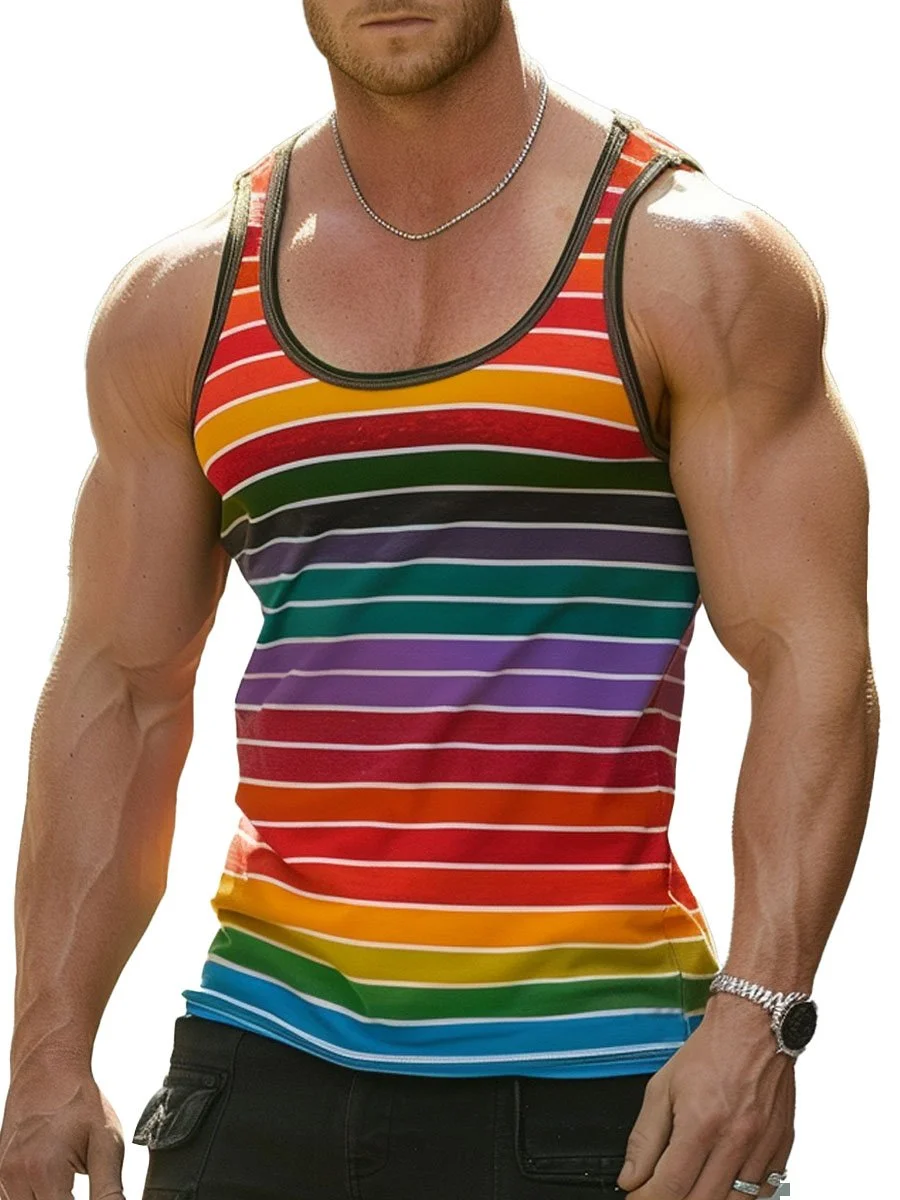 Men's Rainbow Horizontal Stripe Print Casual Round Neck Tank Top