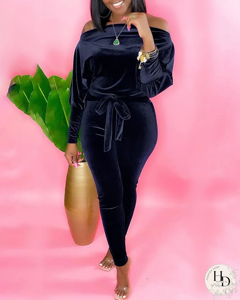 Off Shoulder Velvet Long Sleeve Jumpsuit