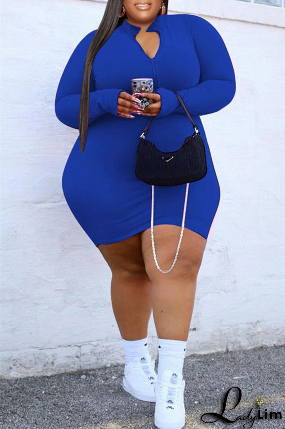 Burgundy Fashion Casual Solid Basic Zipper Collar Long Sleeve Plus Size Dresses