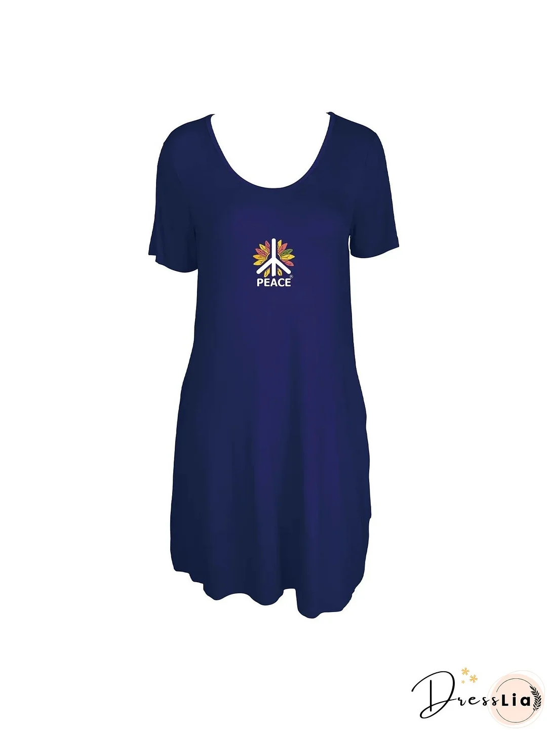 Peace Sign With Colorful Feathers Print Dual Pockets Dress Casual Short Sleeve Tee Dress For Spring & Summer Women's Clothing