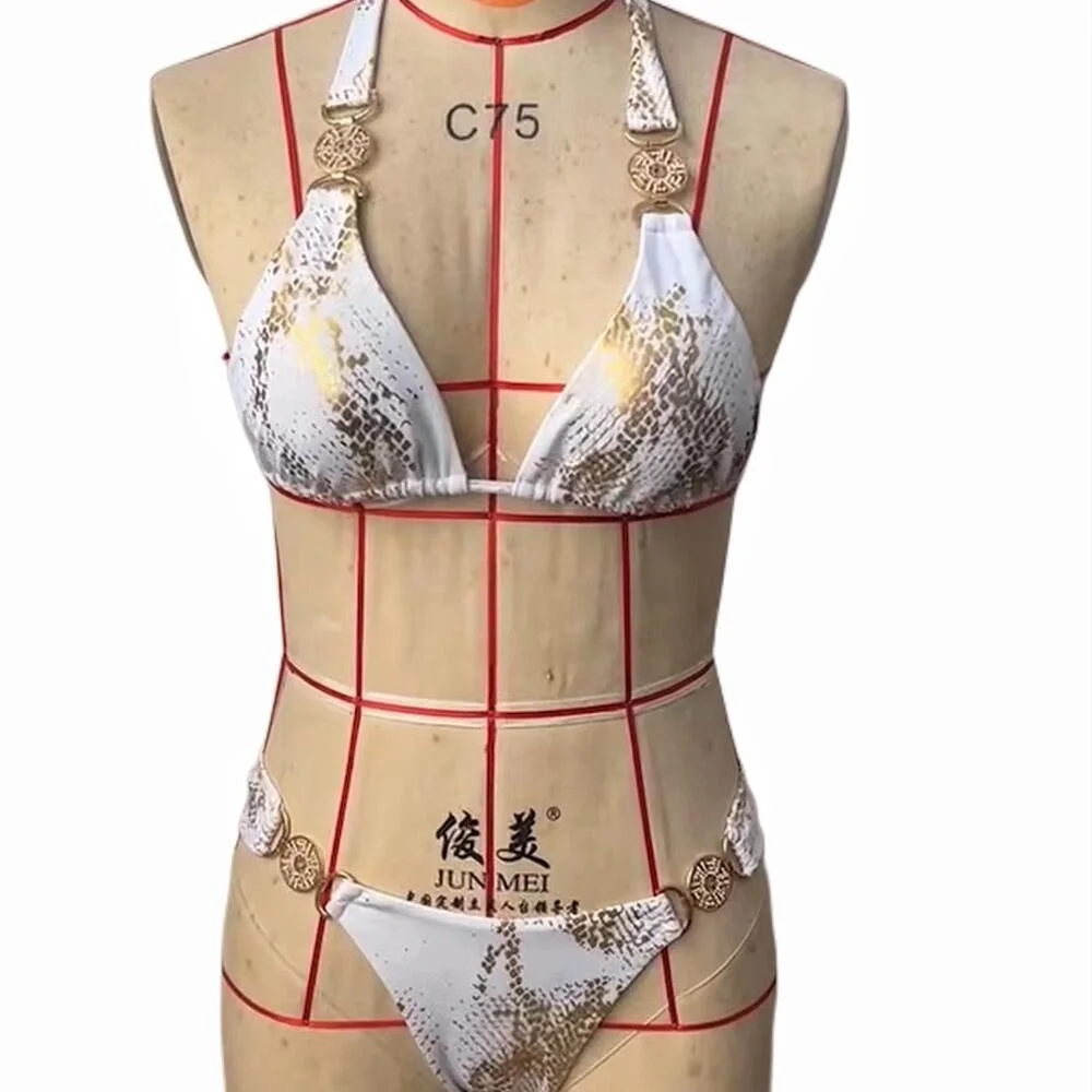 Uveng Uveng New Snake Perms Gold Bikini Crystal Diamond Metal Accessories Split Girls Holiday Swimsuit