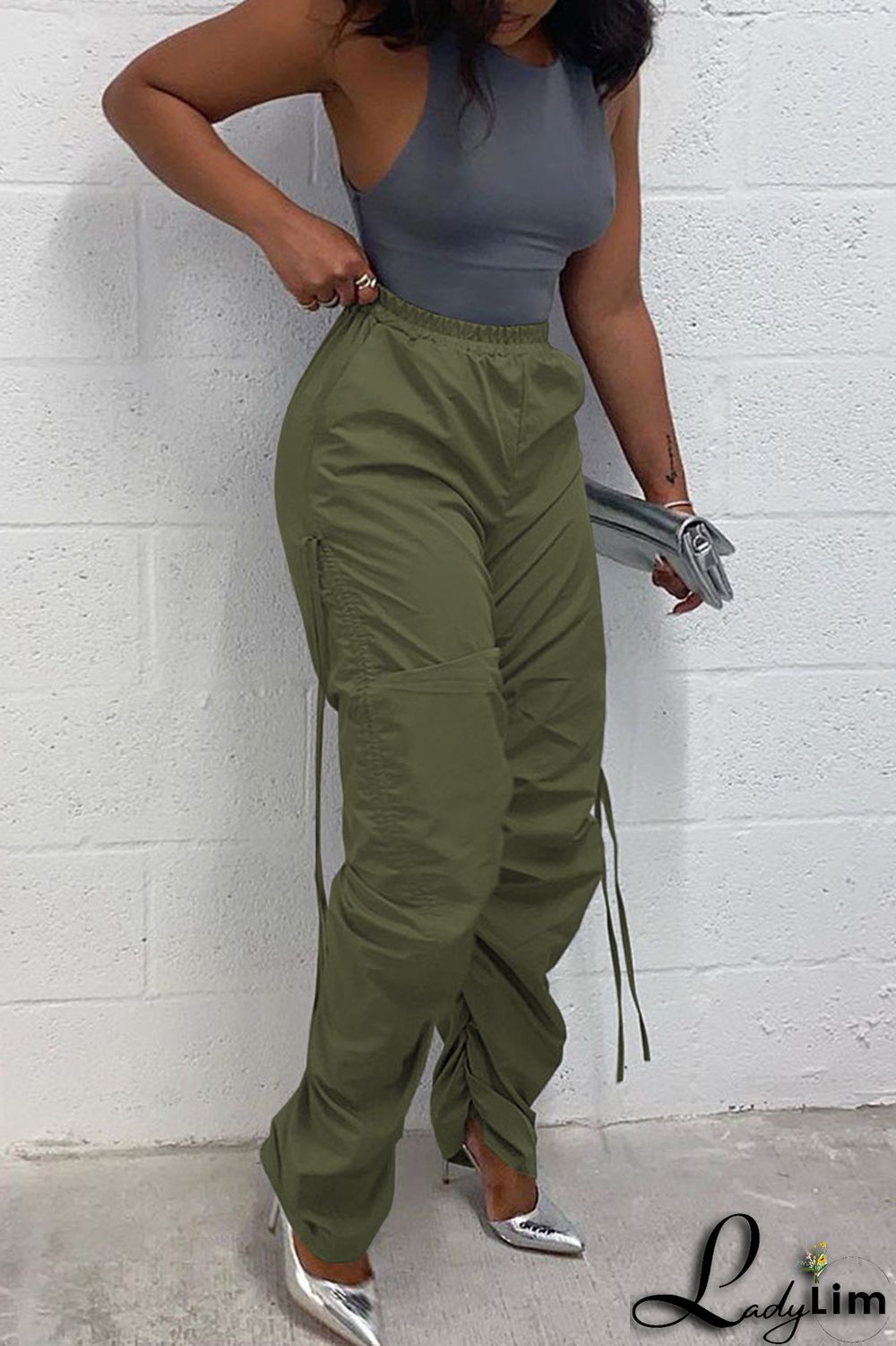 Green Casual Solid Patchwork Draw String Fold High Waist Pencil Solid Color Bottoms