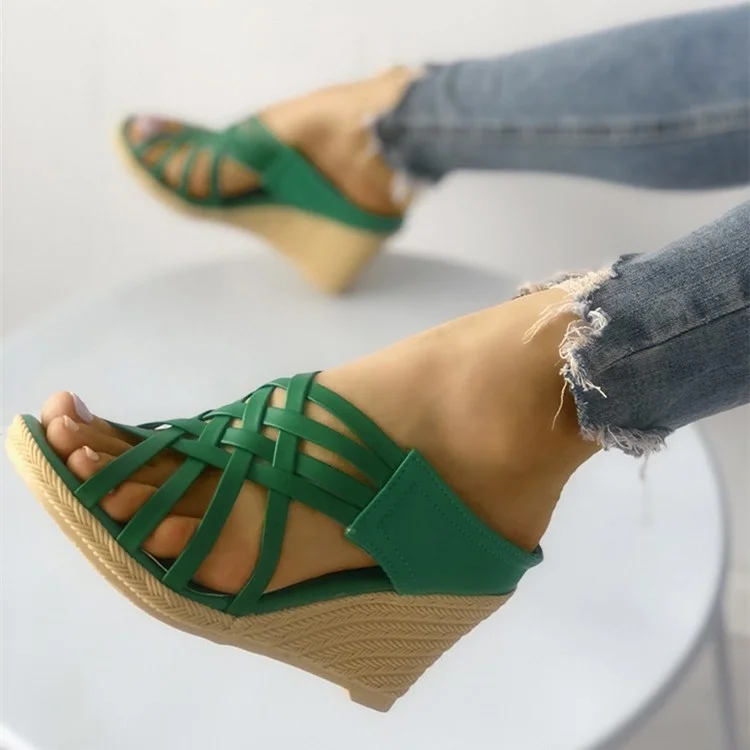 Green Wedge Sandals Open Toe Woven Fashion Mule Heels |FSJ Shoes